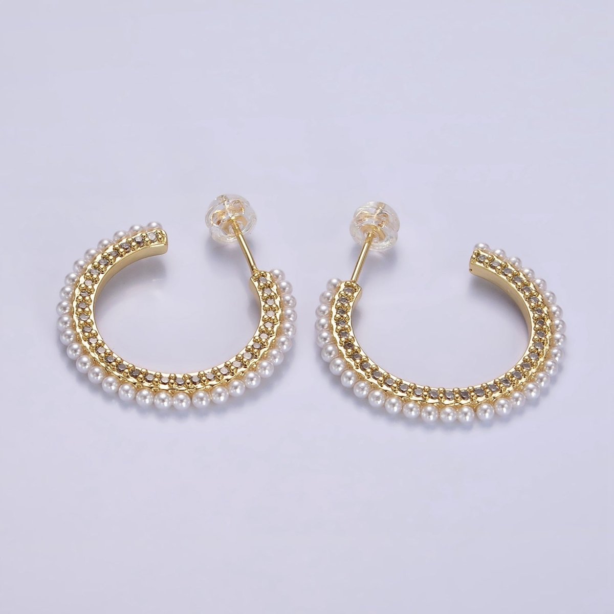 14K Gold plated 25mm Micro Paved CZ Pearl Dotted C-Shaped Hoop Earrings | AE978 - DLUXCA