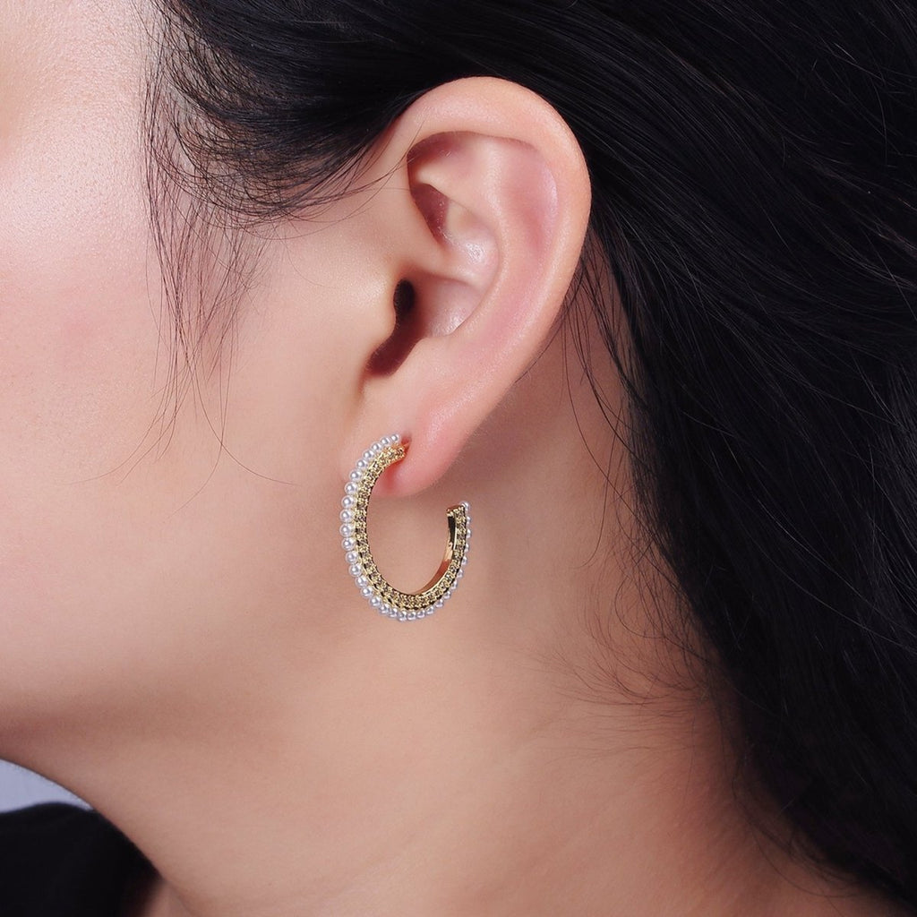 14K Gold plated 25mm Micro Paved CZ Pearl Dotted C-Shaped Hoop Earrings | AE978 - DLUXCA