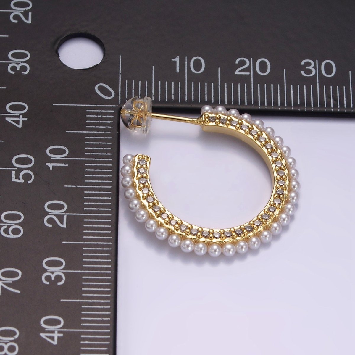 14K Gold plated 25mm Micro Paved CZ Pearl Dotted C-Shaped Hoop Earrings | AE978 - DLUXCA