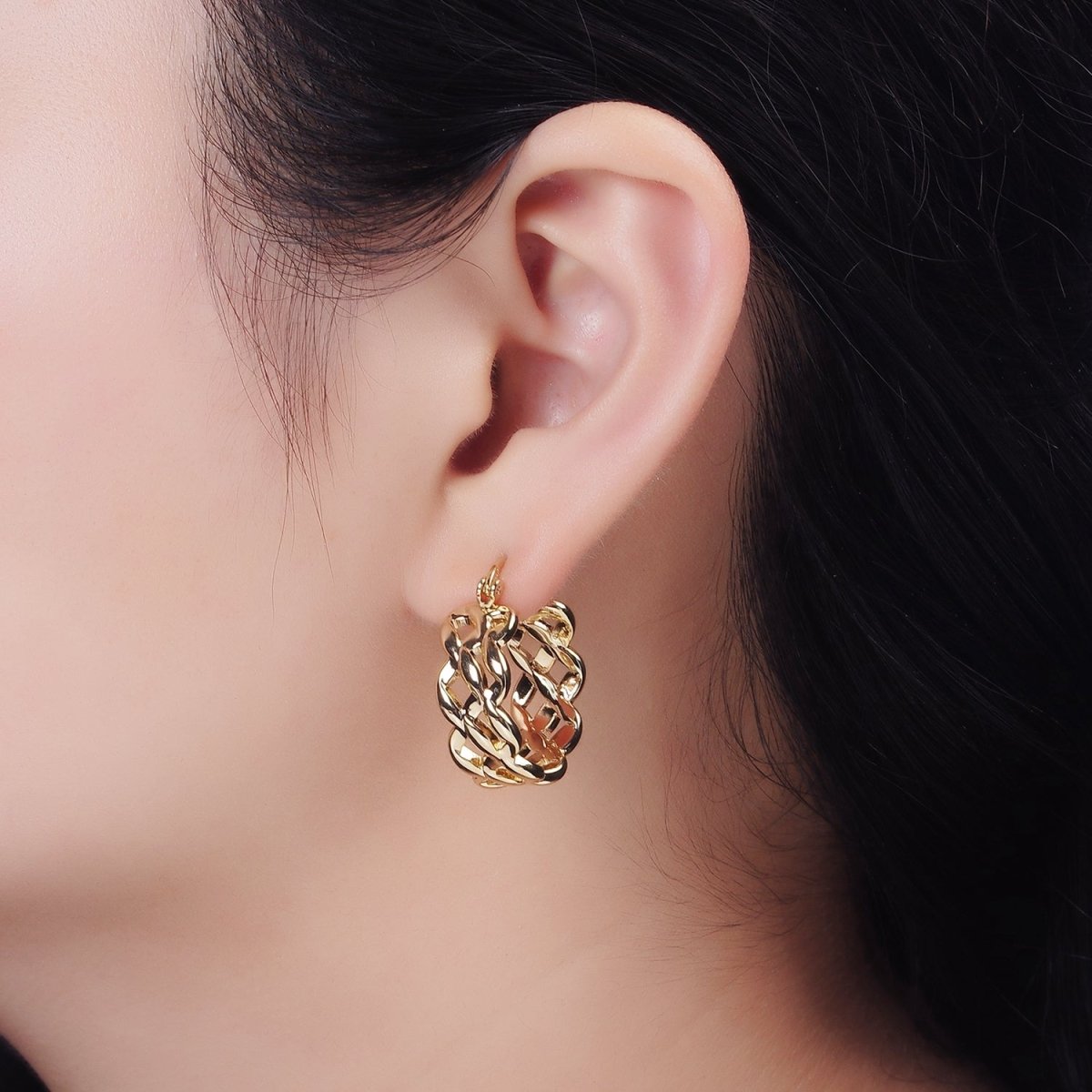 14K Gold plated 25mm Molten Weave French Lock Latch Hoop Earrings | AE900 - DLUXCA