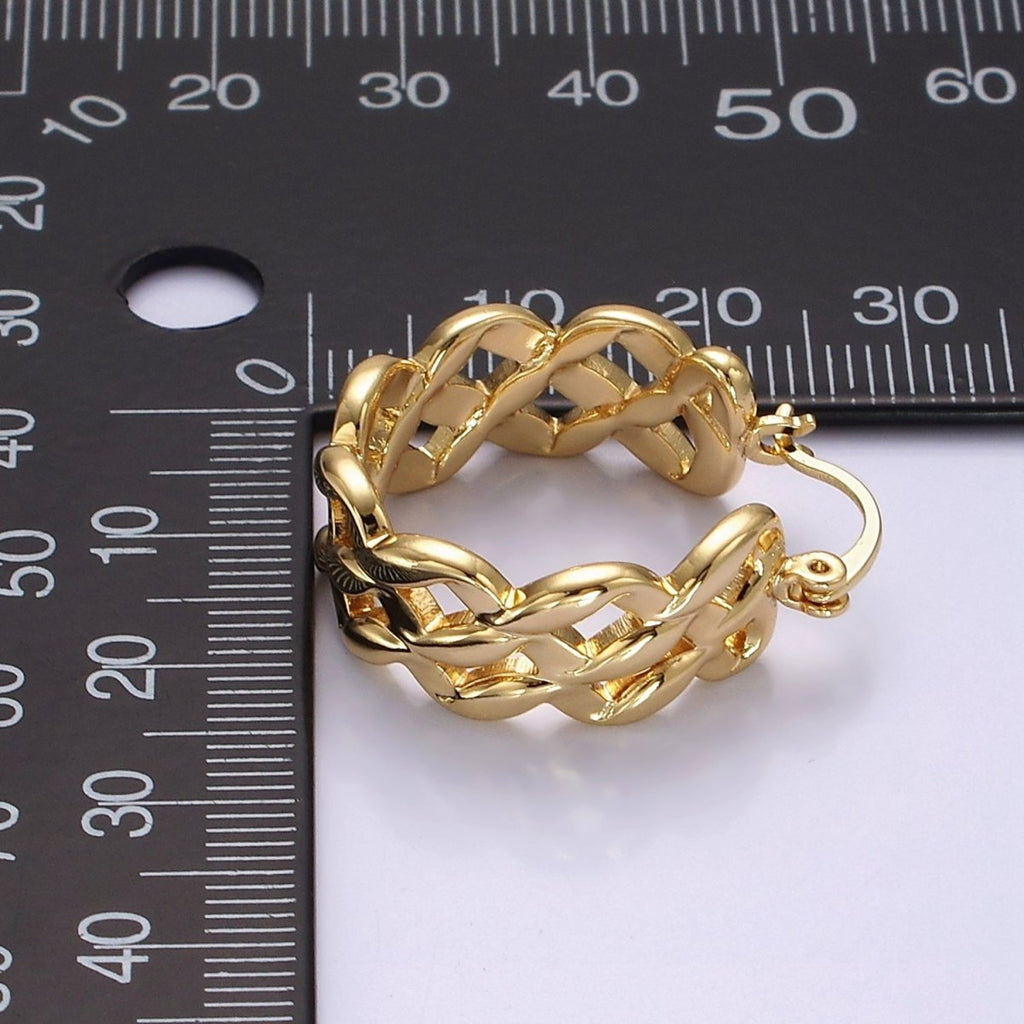 14K Gold plated 25mm Molten Weave French Lock Latch Hoop Earrings | AE900 - DLUXCA