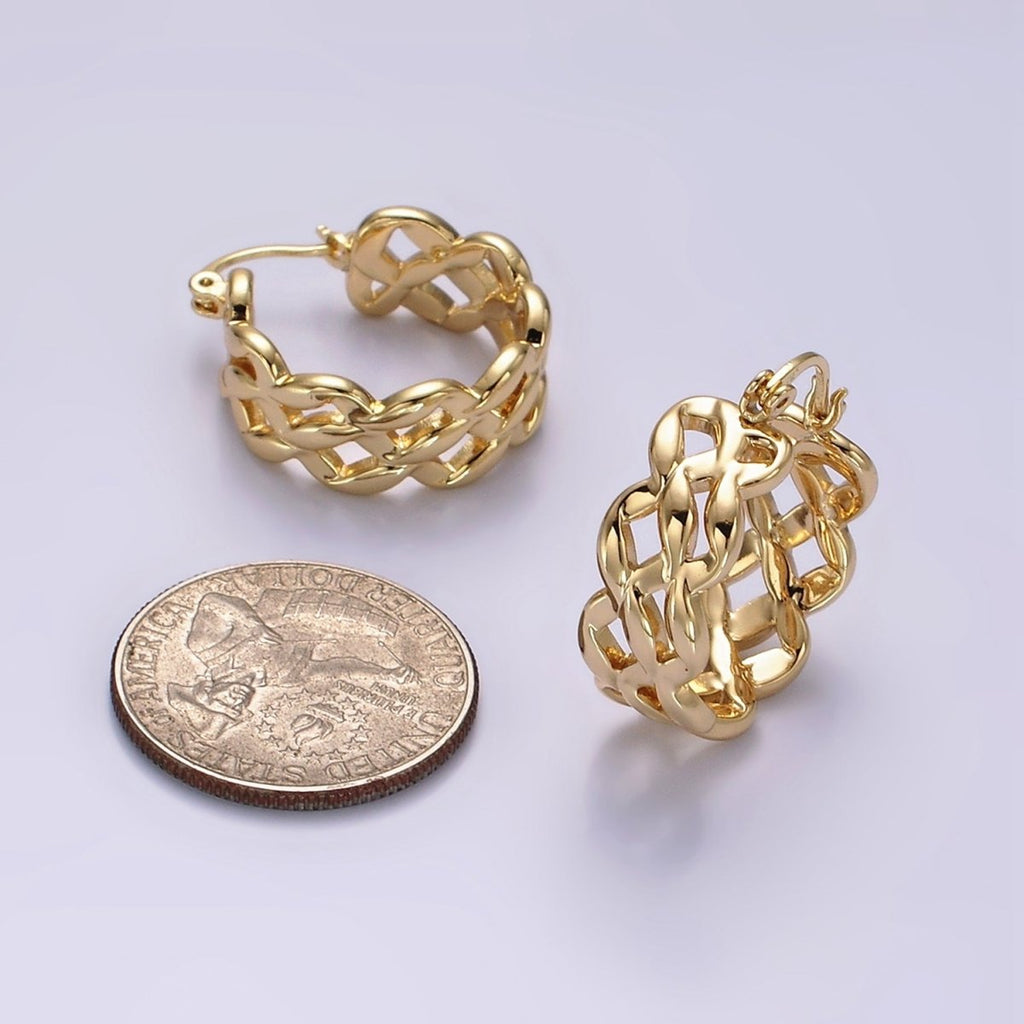 14K Gold plated 25mm Molten Weave French Lock Latch Hoop Earrings | AE900 - DLUXCA