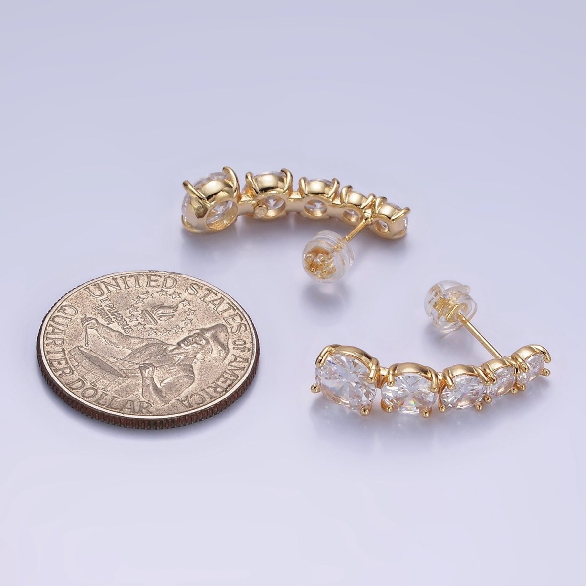 14K Gold plated 25mm Multiple Clear Round CZ Curved Lined Stud Earrings | AE411 - DLUXCA
