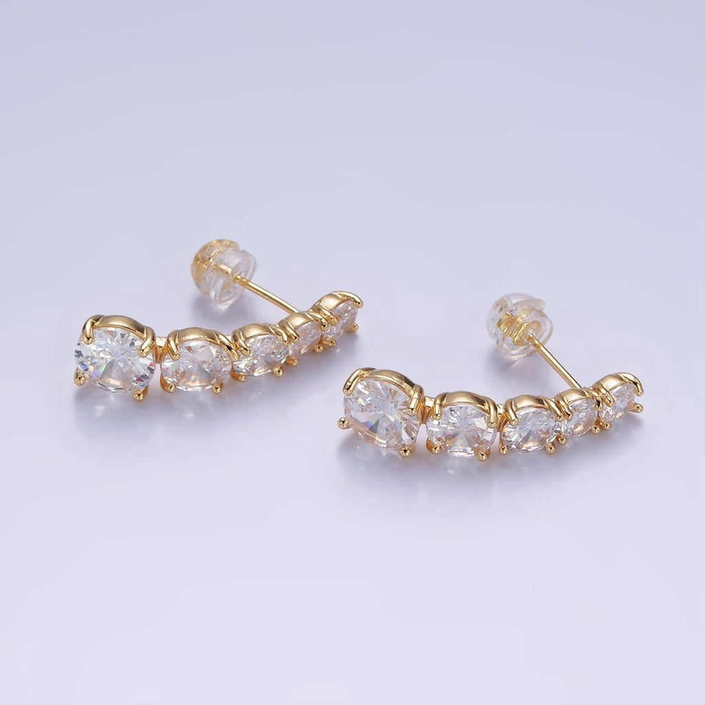 14K Gold plated 25mm Multiple Clear Round CZ Curved Lined Stud Earrings | AE411 - DLUXCA