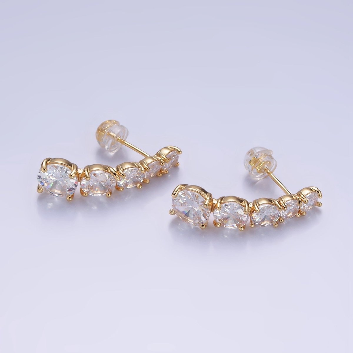 14K Gold plated 25mm Multiple Clear Round CZ Curved Lined Stud Earrings | AE411 - DLUXCA