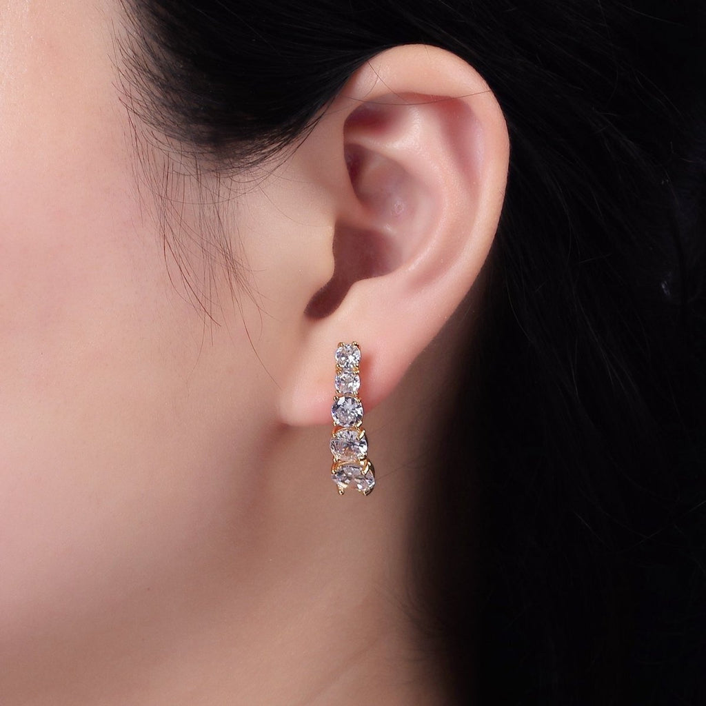 14K Gold plated 25mm Multiple Clear Round CZ Curved Lined Stud Earrings | AE411 - DLUXCA