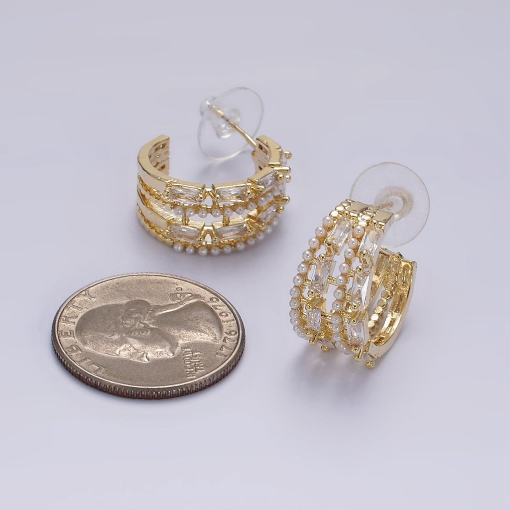 14K Gold plated 25mm Pearl Baguette Lined C-Shaped Hoop Earrings in Gold & Silver | AE321 AE322 - DLUXCA