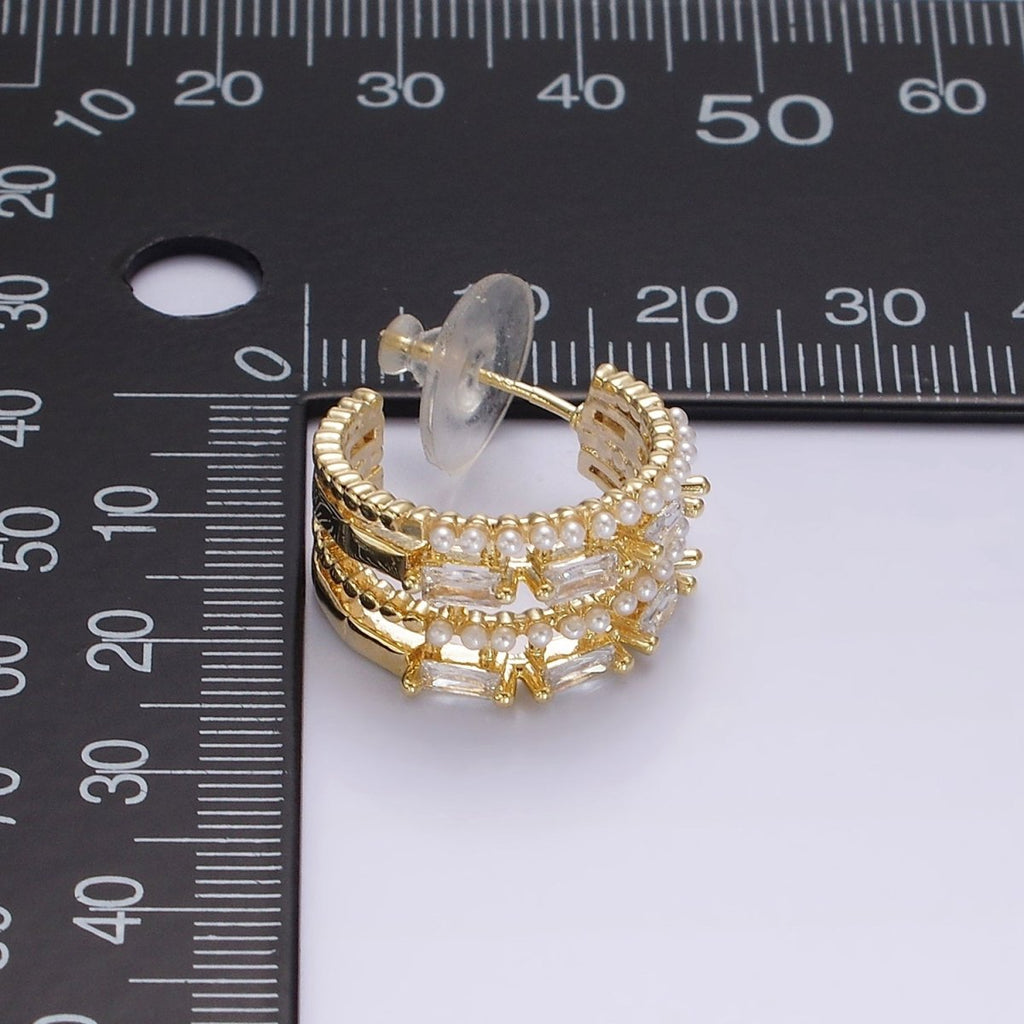 14K Gold plated 25mm Pearl Baguette Lined C-Shaped Hoop Earrings in Gold & Silver | AE321 AE322 - DLUXCA