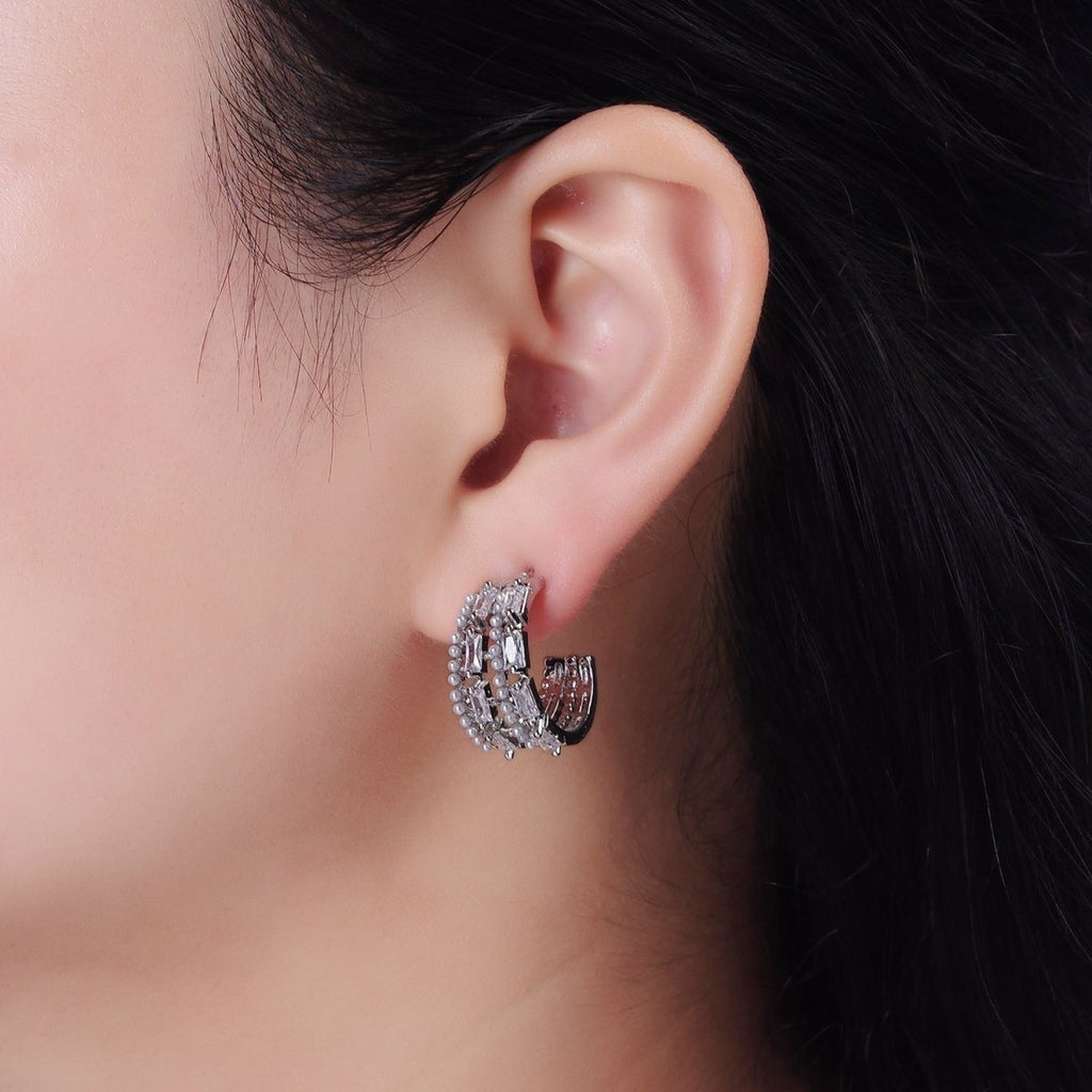 14K Gold plated 25mm Pearl Baguette Lined C-Shaped Hoop Earrings in Gold & Silver | AE321 AE322 - DLUXCA