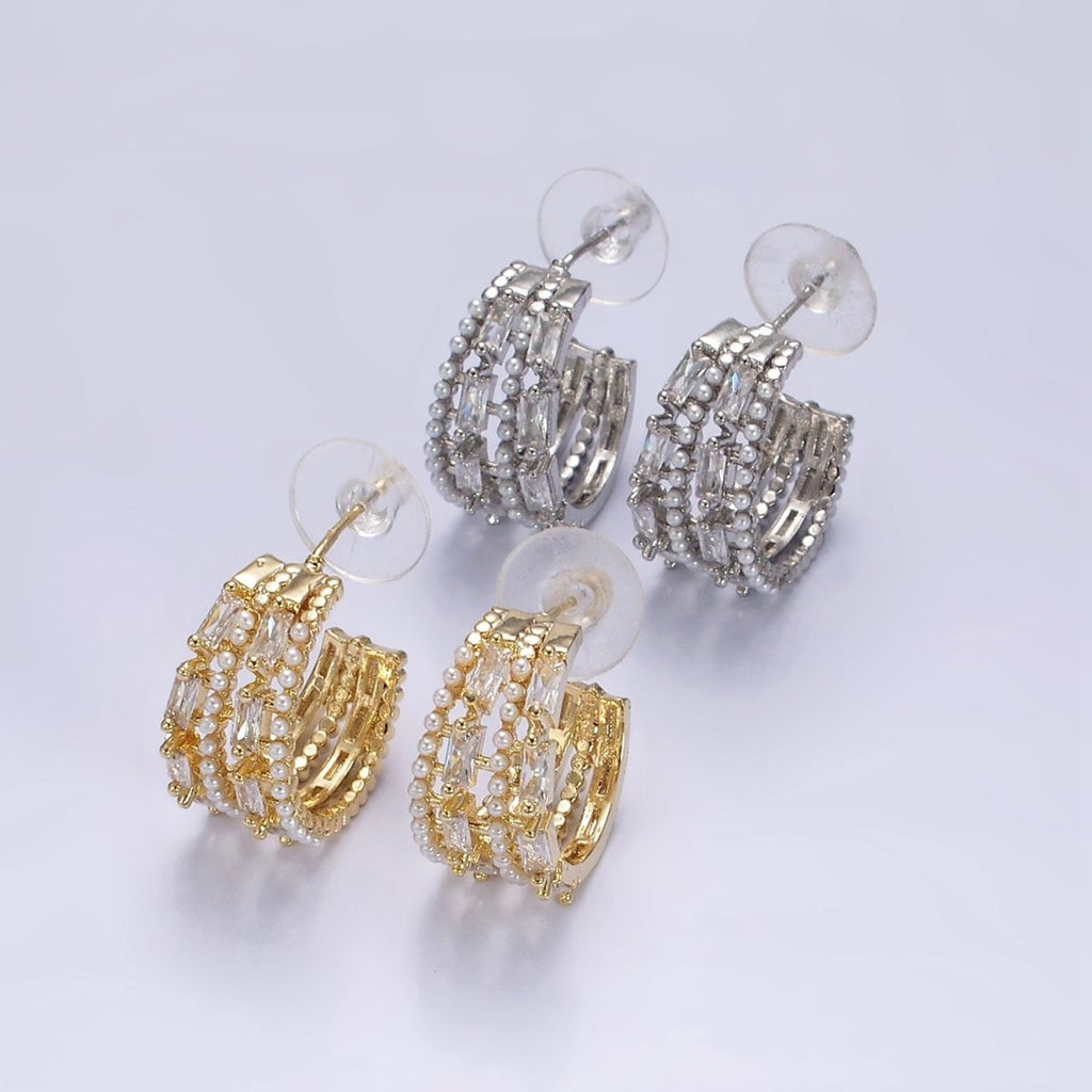 14K Gold plated 25mm Pearl Baguette Lined C-Shaped Hoop Earrings in Gold & Silver | AE321 AE322 - DLUXCA