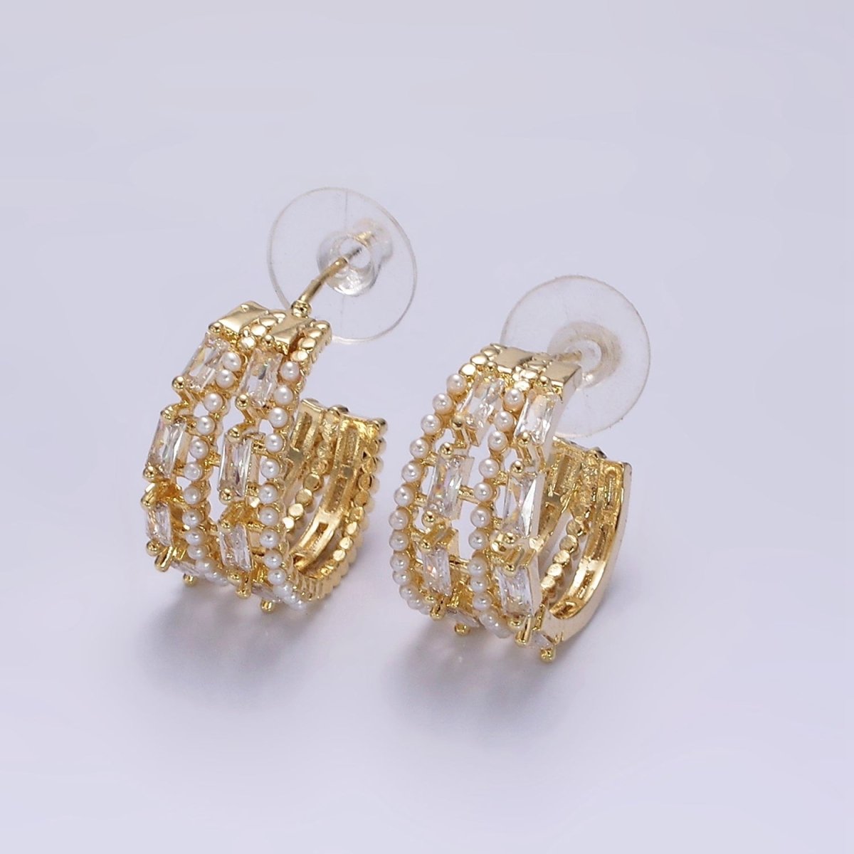 14K Gold plated 25mm Pearl Baguette Lined C-Shaped Hoop Earrings in Gold & Silver | AE321 AE322 - DLUXCA