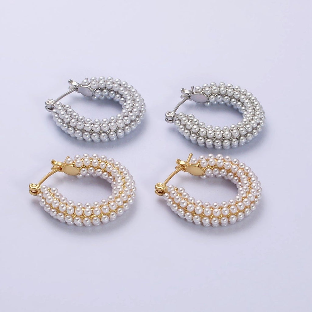 14K Gold plated 25mm Pearl Lined Latch Hoop Earrings in Gold & Silver | Y-843 - DLUXCA