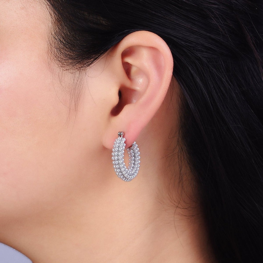 14K Gold plated 25mm Pearl Lined Latch Hoop Earrings in Gold & Silver | Y-843 - DLUXCA