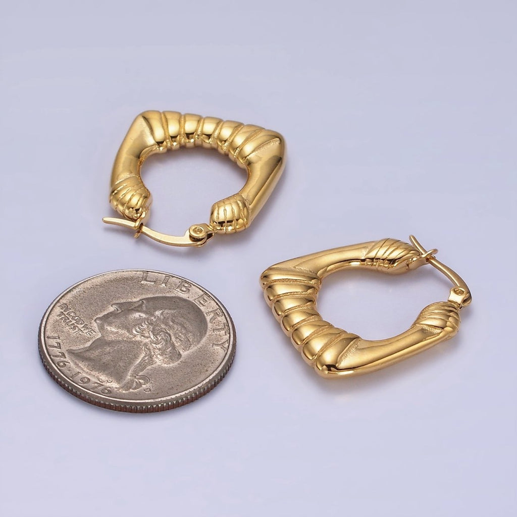 14K Gold plated 25mm Quilted Puffed Square Minimalist Latch Hoop Earrings | AE412 - DLUXCA