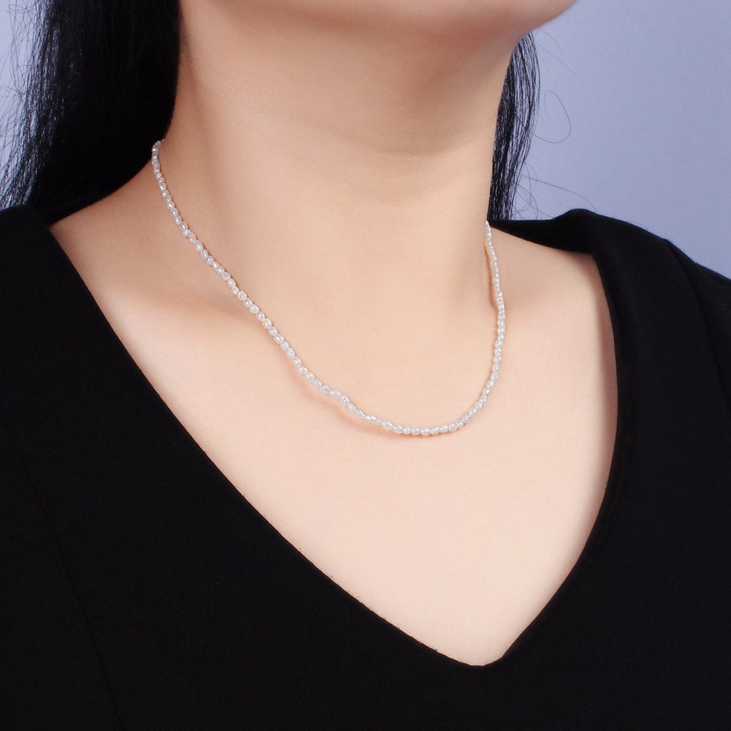 14K Gold plated 2.5mm Ringed Oval Freshwater Pearl 15.5 Inch Choker Necklace w. Extender | WA-1988 Clearance Pricing - DLUXCA