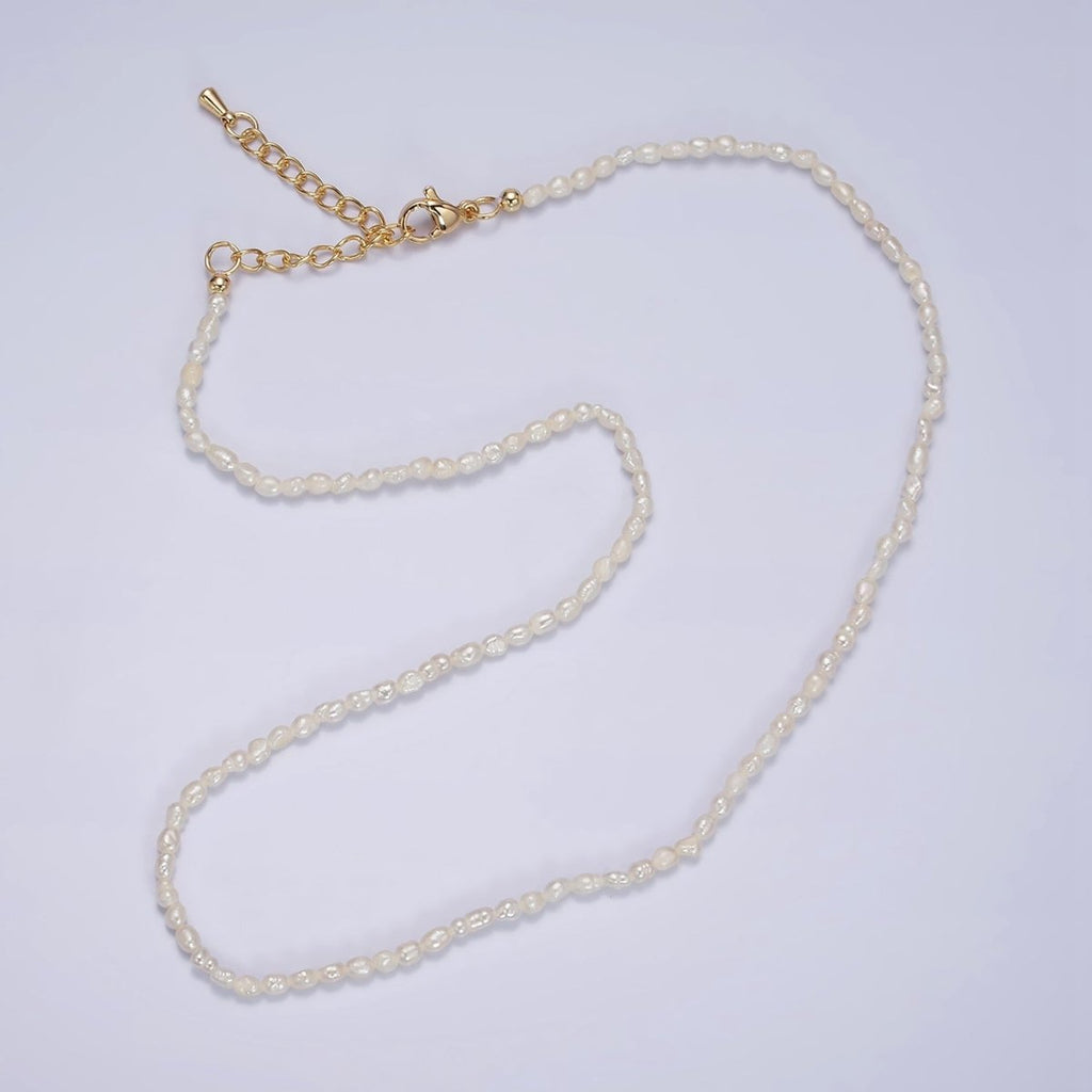 14K Gold plated 2.5mm Ringed Oval Freshwater Pearl 15.5 Inch Choker Necklace w. Extender | WA-1988 Clearance Pricing - DLUXCA
