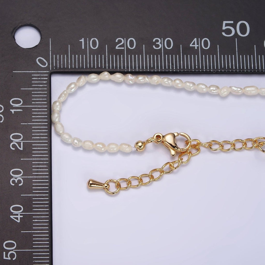 14K Gold plated 2.5mm Ringed Oval Freshwater Pearl 15.5 Inch Choker Necklace w. Extender | WA-1988 Clearance Pricing - DLUXCA