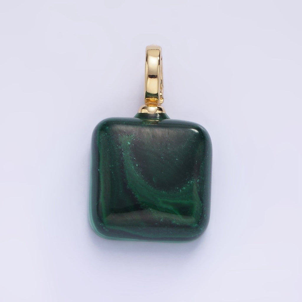 14K Gold plated 25mm Square Malachite Snap Latch Bail Pendant | AG683 - DLUXCA