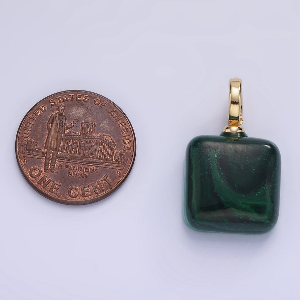 14K Gold plated 25mm Square Malachite Snap Latch Bail Pendant | AG683 - DLUXCA