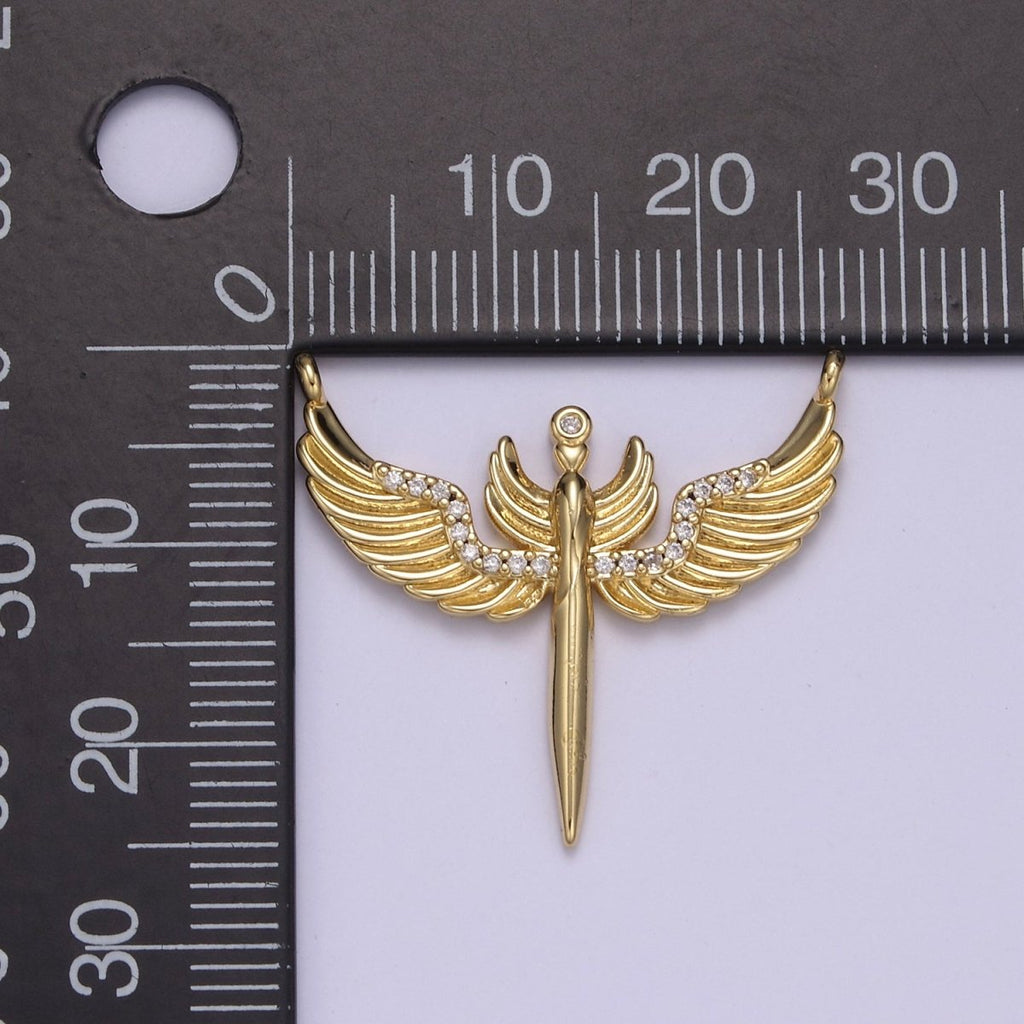 14K Gold plated 25mm Sword Angel Wing Micro Paved CZ Connector | F-771 - DLUXCA