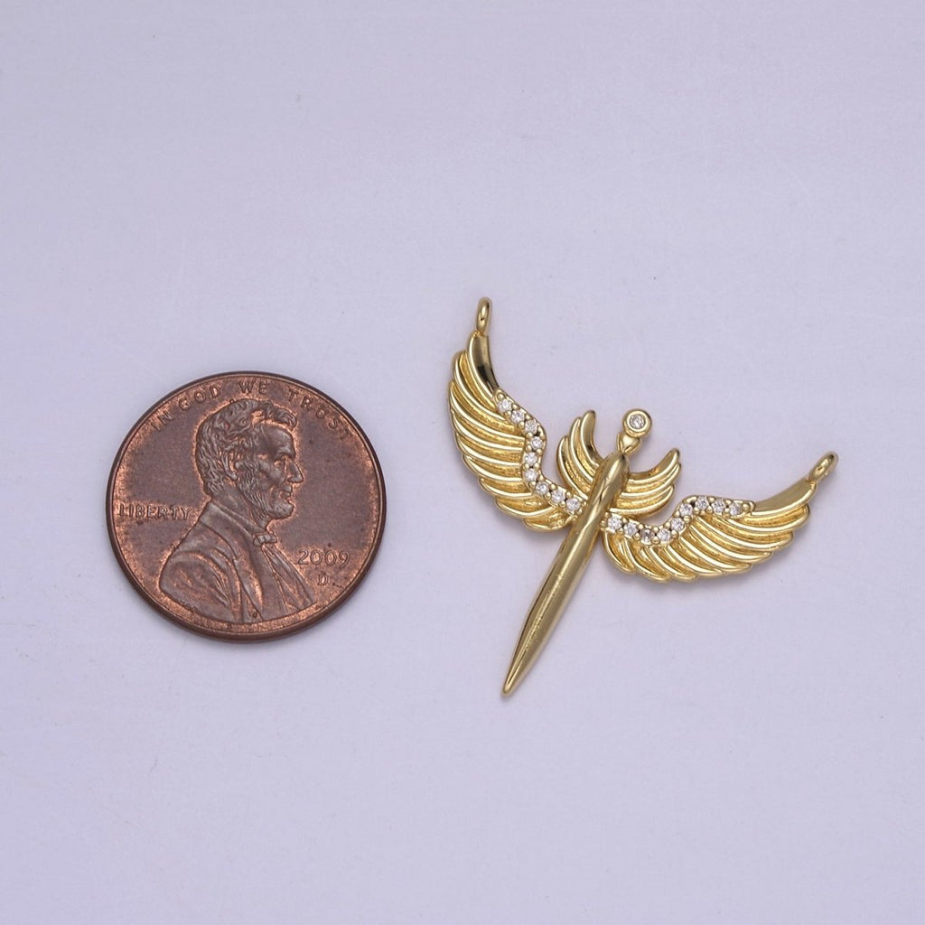 14K Gold plated 25mm Sword Angel Wing Micro Paved CZ Connector | F-771 - DLUXCA