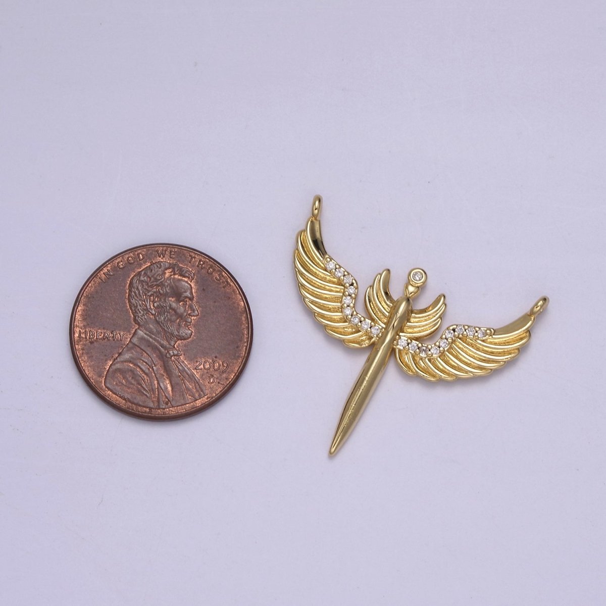 14K Gold plated 25mm Sword Angel Wing Micro Paved CZ Connector | F-771 - DLUXCA