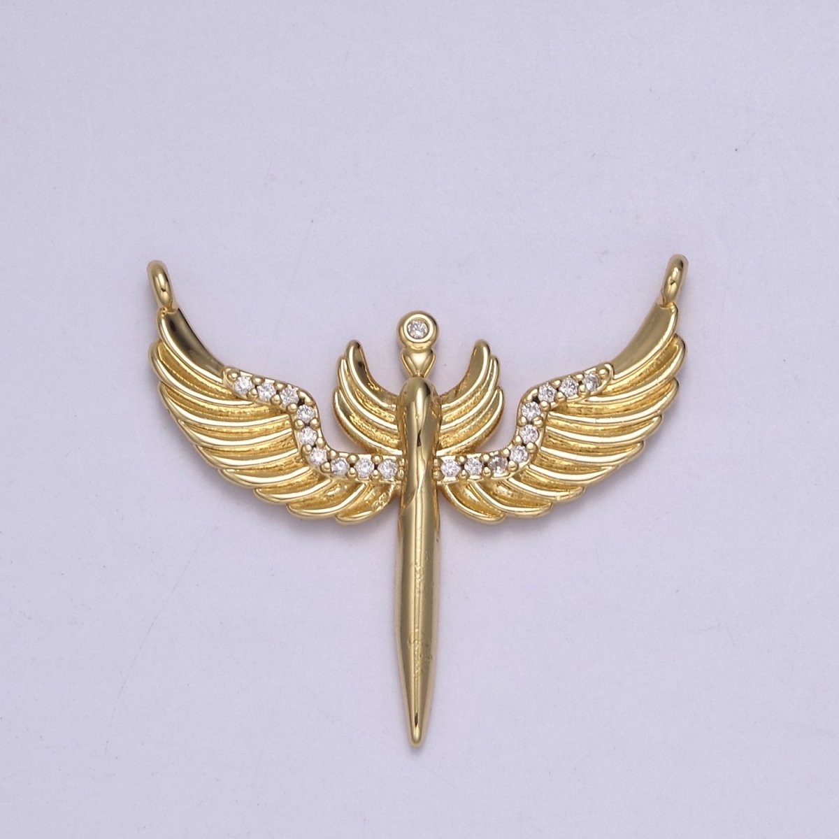 14K Gold plated 25mm Sword Angel Wing Micro Paved CZ Connector | F-771 - DLUXCA