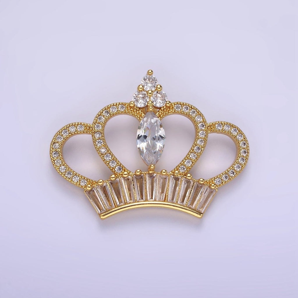 14K Gold plated 26mm Clear Marquise Baguette Micro Paved Open Royal Crown Pendant | AA1133 - DLUXCA