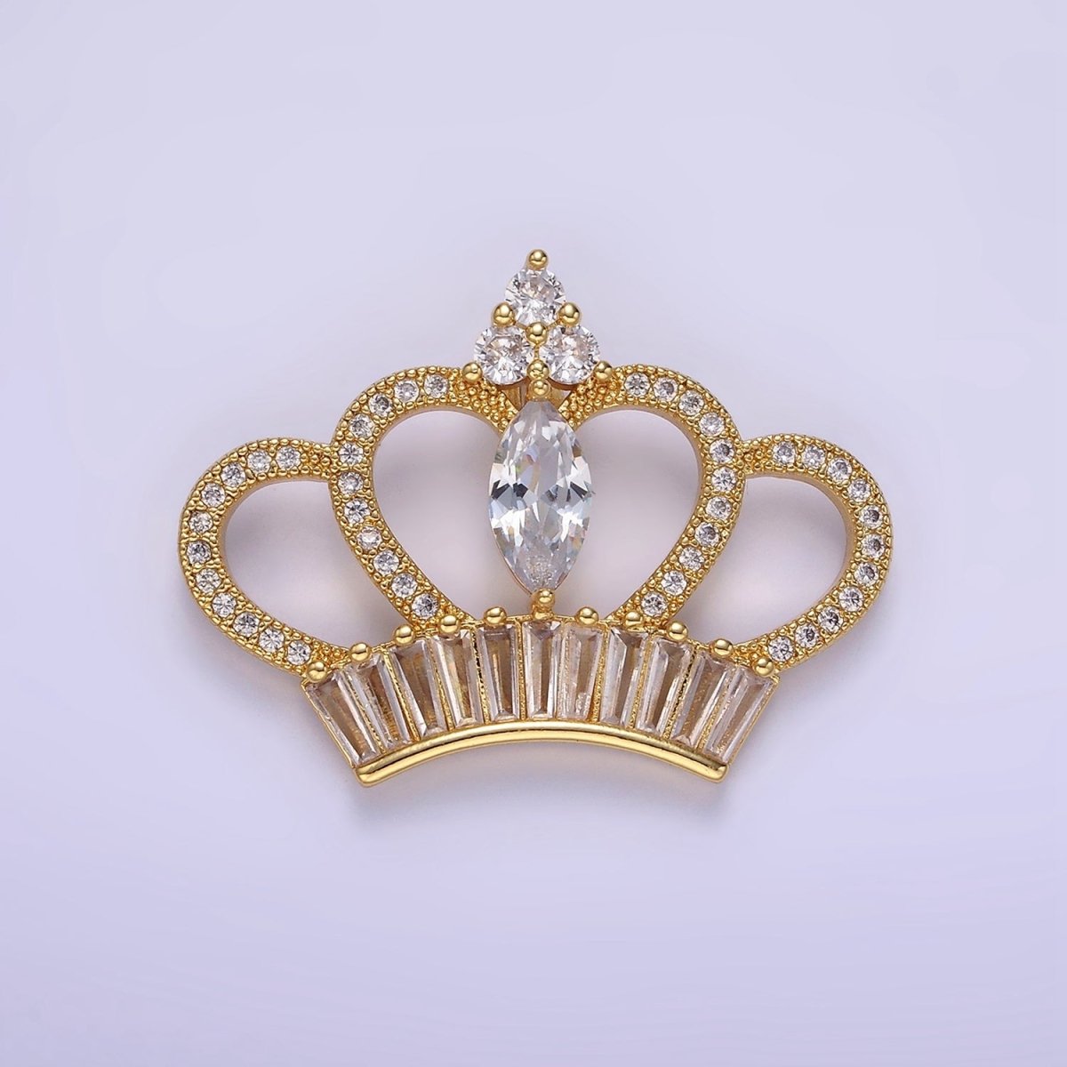 14K Gold plated 26mm Clear Marquise Baguette Micro Paved Open Royal Crown Pendant | AA1133 - DLUXCA