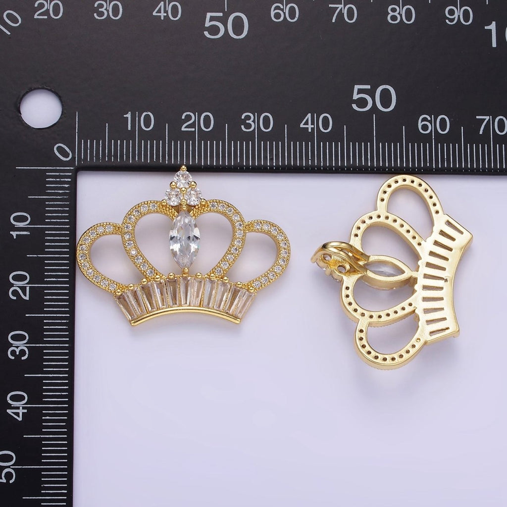 14K Gold plated 26mm Clear Marquise Baguette Micro Paved Open Royal Crown Pendant | AA1133 - DLUXCA