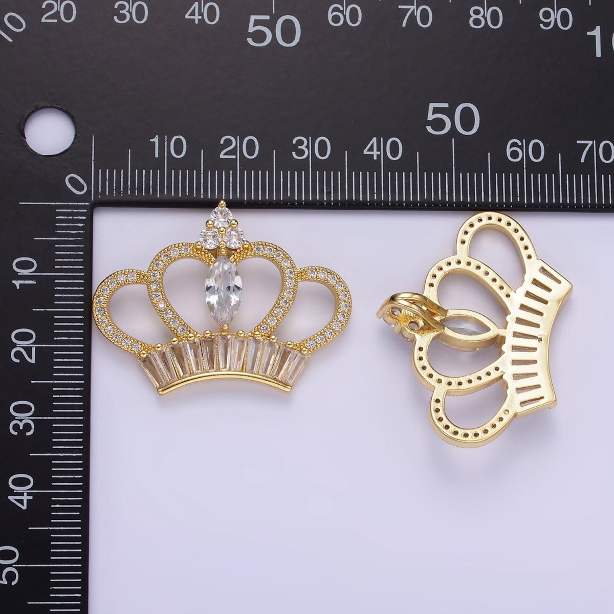 14K Gold plated 26mm Clear Marquise Baguette Micro Paved Open Royal Crown Pendant | AA1133 - DLUXCA