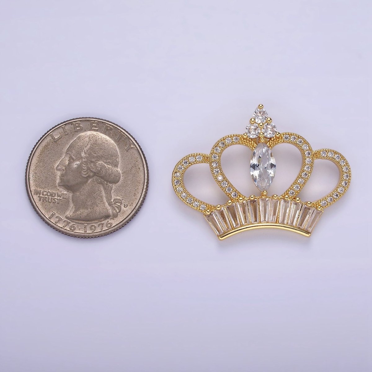14K Gold plated 26mm Clear Marquise Baguette Micro Paved Open Royal Crown Pendant | AA1133 - DLUXCA