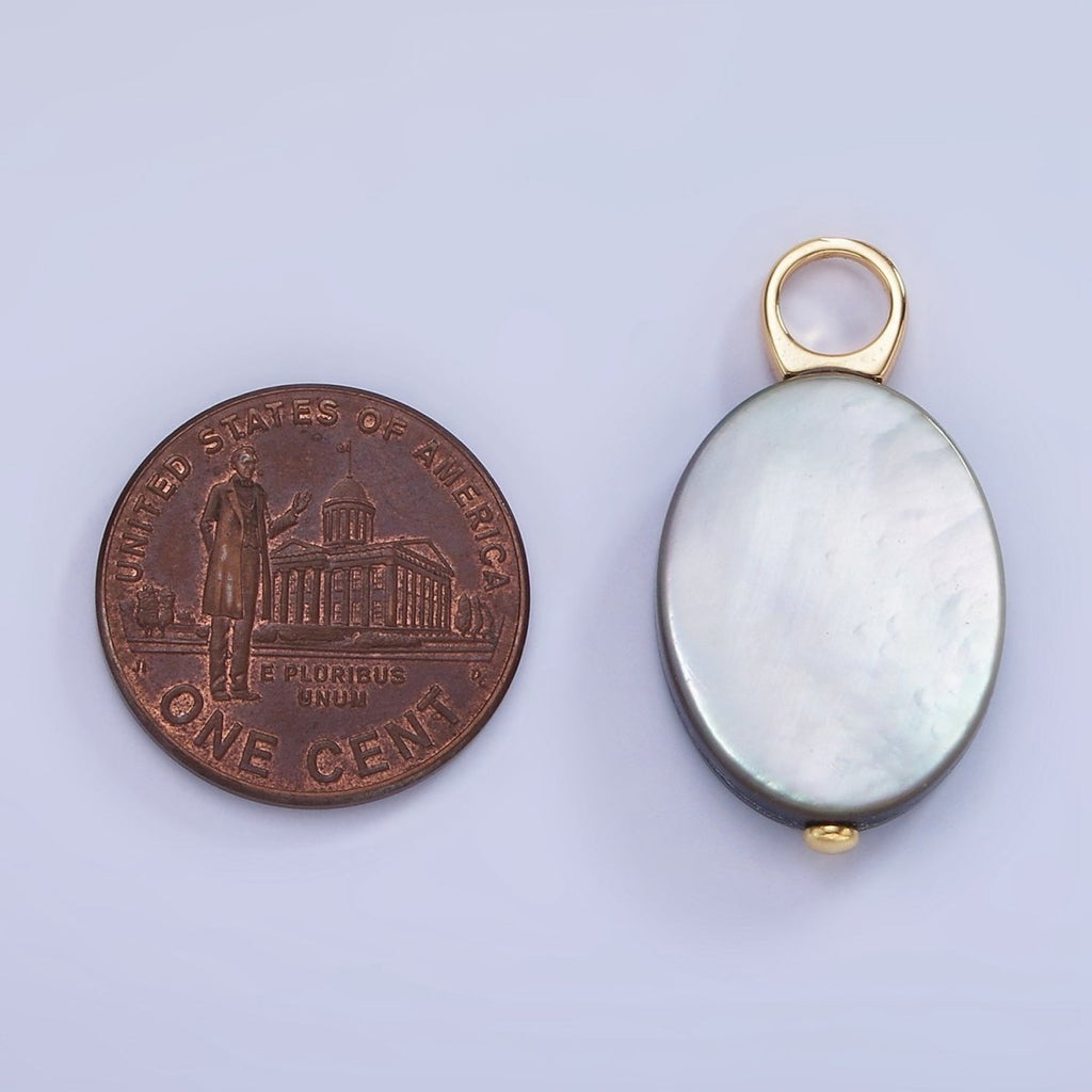 14K Gold plated 28mm Black Tahitian Shell Pearl Oval Flat Pendant | P1679 - DLUXCA