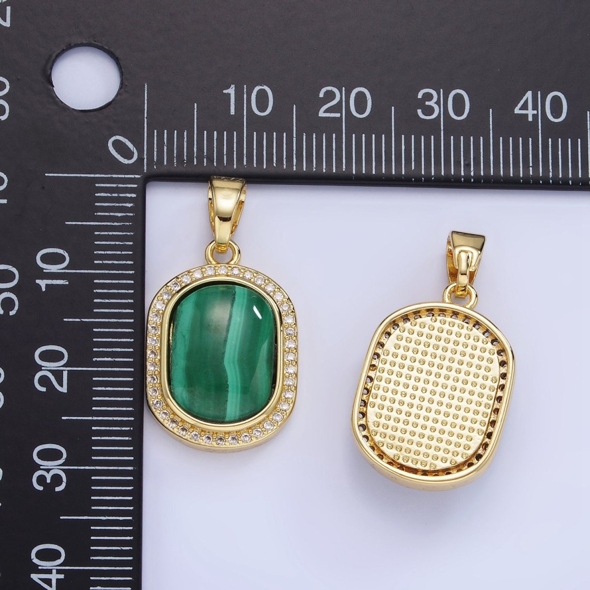 14K Gold plated 28mm Malachite Oblong Micro Paved Bezel Pendant | AA1236 - DLUXCA