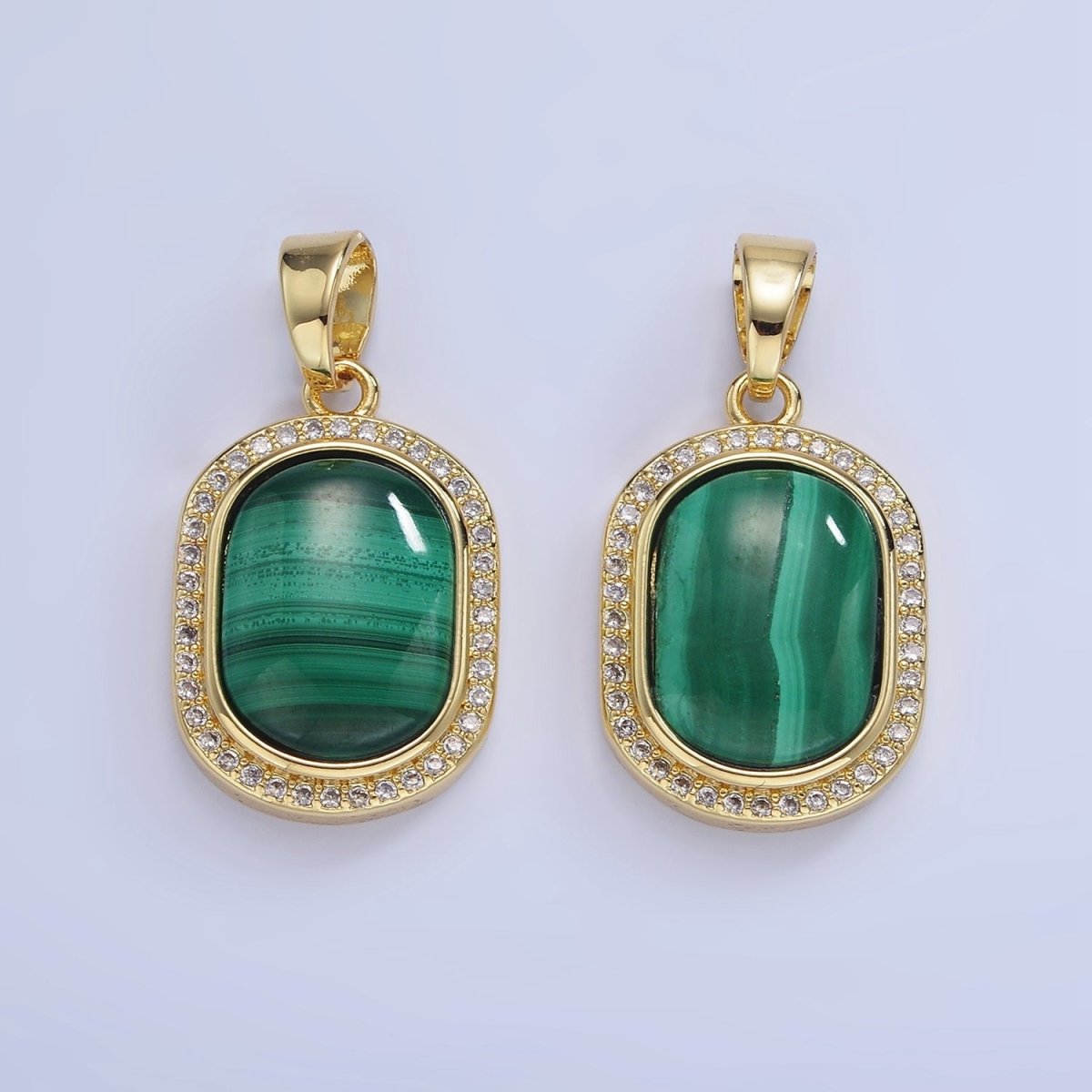 14K Gold plated 28mm Malachite Oblong Micro Paved Bezel Pendant | AA1236 - DLUXCA