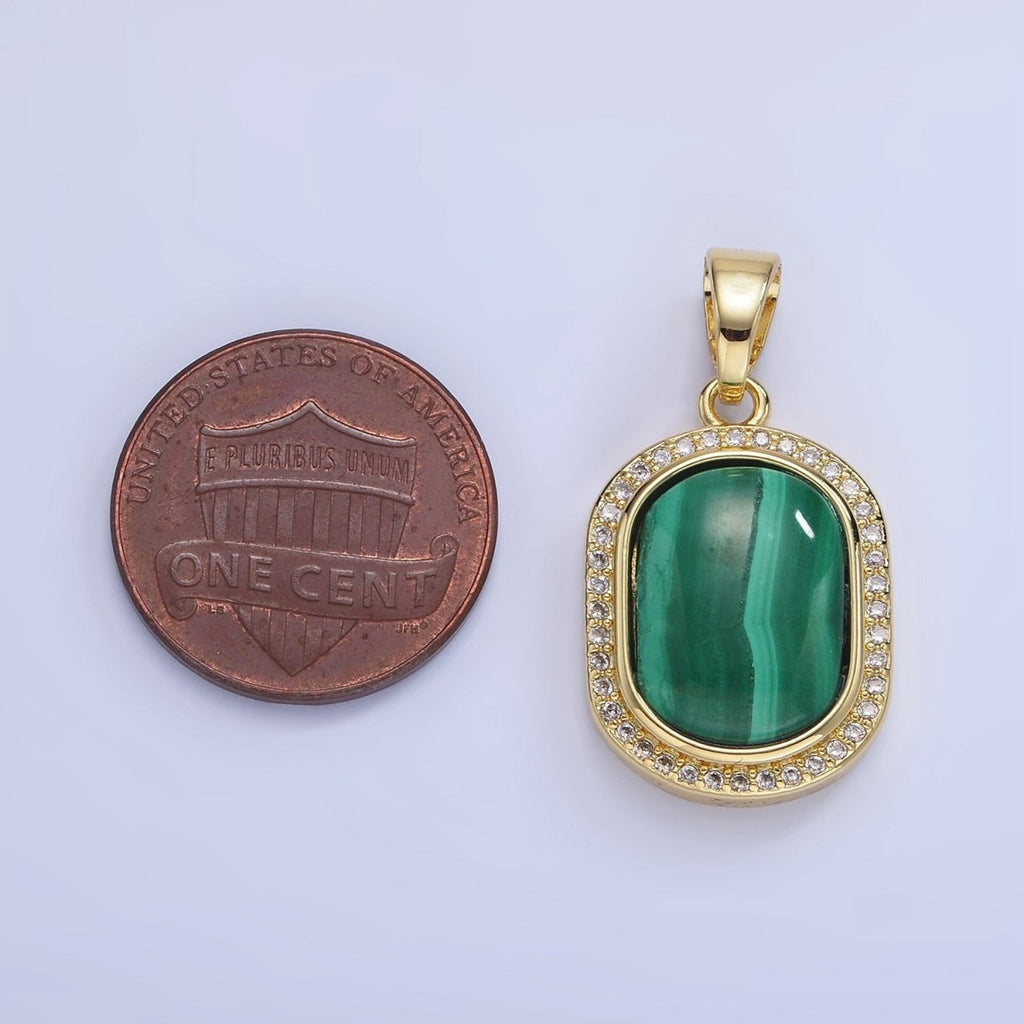 14K Gold plated 28mm Malachite Oblong Micro Paved Bezel Pendant | AA1236 - DLUXCA