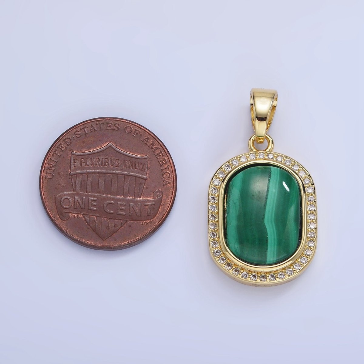 14K Gold plated 28mm Malachite Oblong Micro Paved Bezel Pendant | AA1236 - DLUXCA