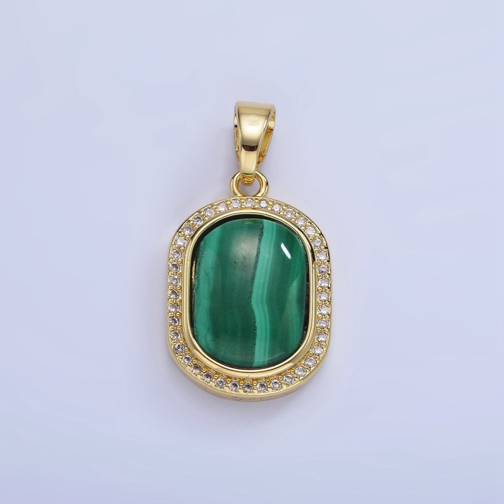 14K Gold plated 28mm Malachite Oblong Micro Paved Bezel Pendant | AA1236 - DLUXCA