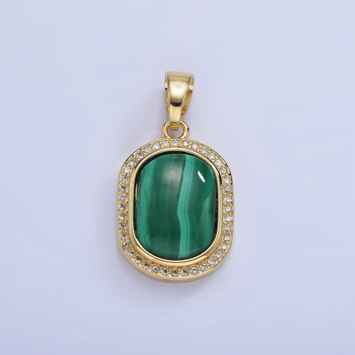 14K Gold plated 28mm Malachite Oblong Micro Paved Bezel Pendant | AA1236 - DLUXCA