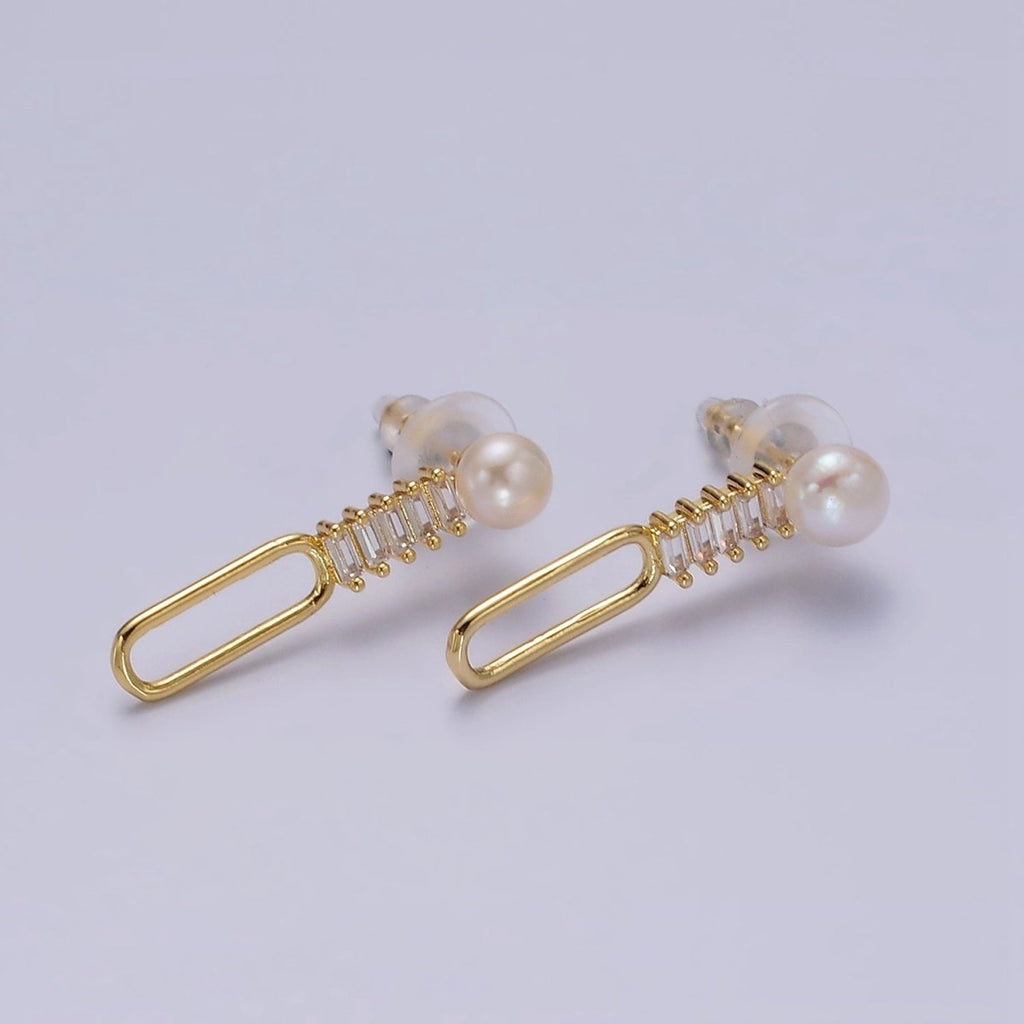 14K Gold plated 28mm Open Oblong Clear Baguette Lined Pearl Drop Stud Earrings | AE749 - DLUXCA