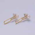 14K Gold plated 28mm Open Oblong Clear Baguette Lined Pearl Drop Stud Earrings | AE749 - DLUXCA