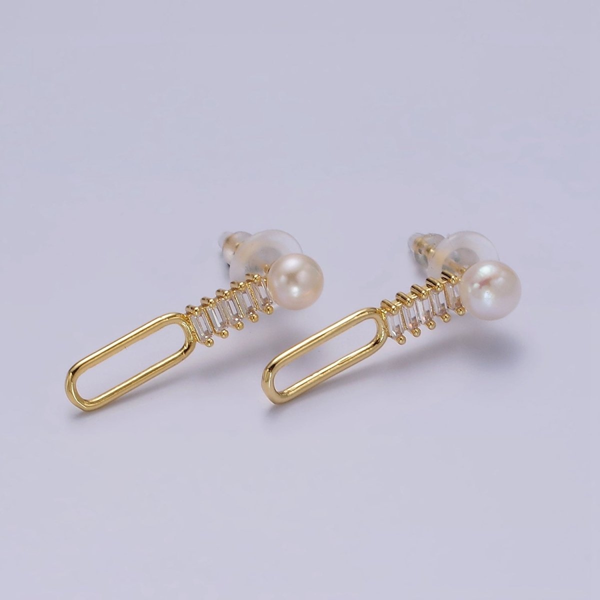 14K Gold plated 28mm Open Oblong Clear Baguette Lined Pearl Drop Stud Earrings | AE749 - DLUXCA