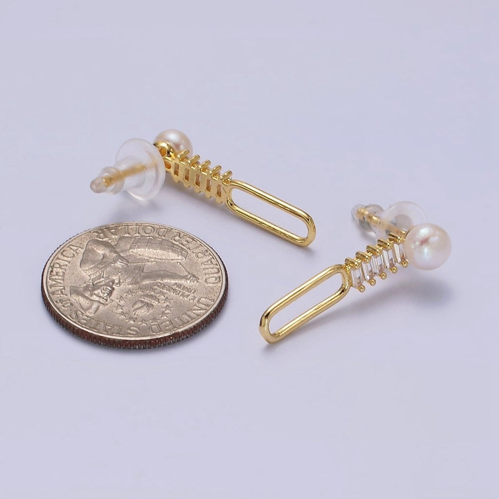 14K Gold plated 28mm Open Oblong Clear Baguette Lined Pearl Drop Stud Earrings | AE749 - DLUXCA
