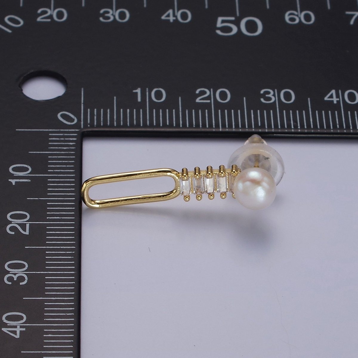 14K Gold plated 28mm Open Oblong Clear Baguette Lined Pearl Drop Stud Earrings | AE749 - DLUXCA