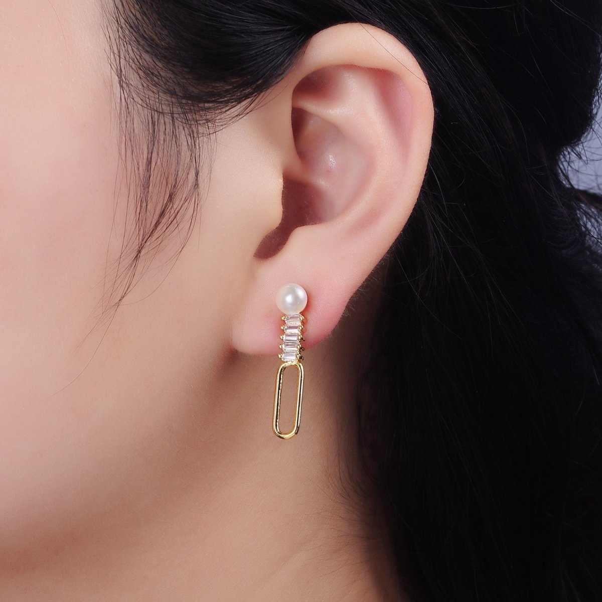 14K Gold plated 28mm Open Oblong Clear Baguette Lined Pearl Drop Stud Earrings | AE749 - DLUXCA