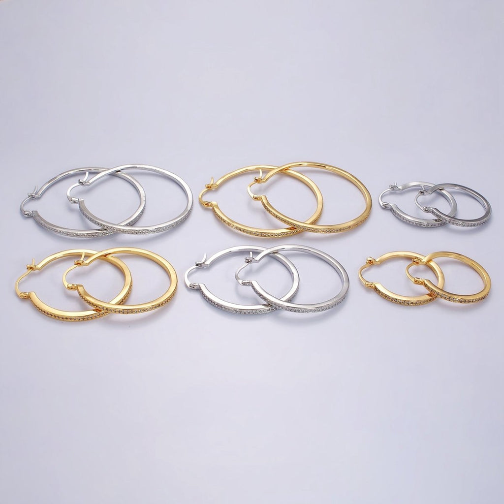 14K Gold plated 30mm, 40mm, 50mm Clear CZ Lined Latch Hoop Earrings in Gold & Silver | AE145 - AE150