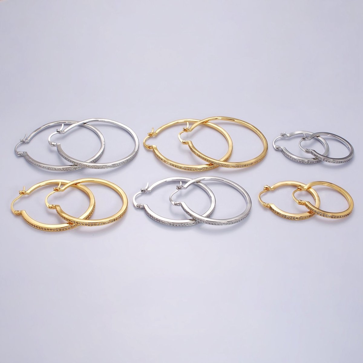 14K Gold plated 30mm, 40mm, 50mm Clear CZ Lined Latch Hoop Earrings in Gold & Silver | AE145 - AE150