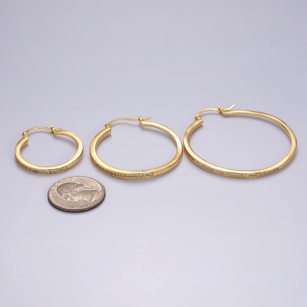14K Gold plated 30mm, 40mm, 50mm Clear CZ Lined Latch Hoop Earrings in Gold & Silver | AE145 - AE150