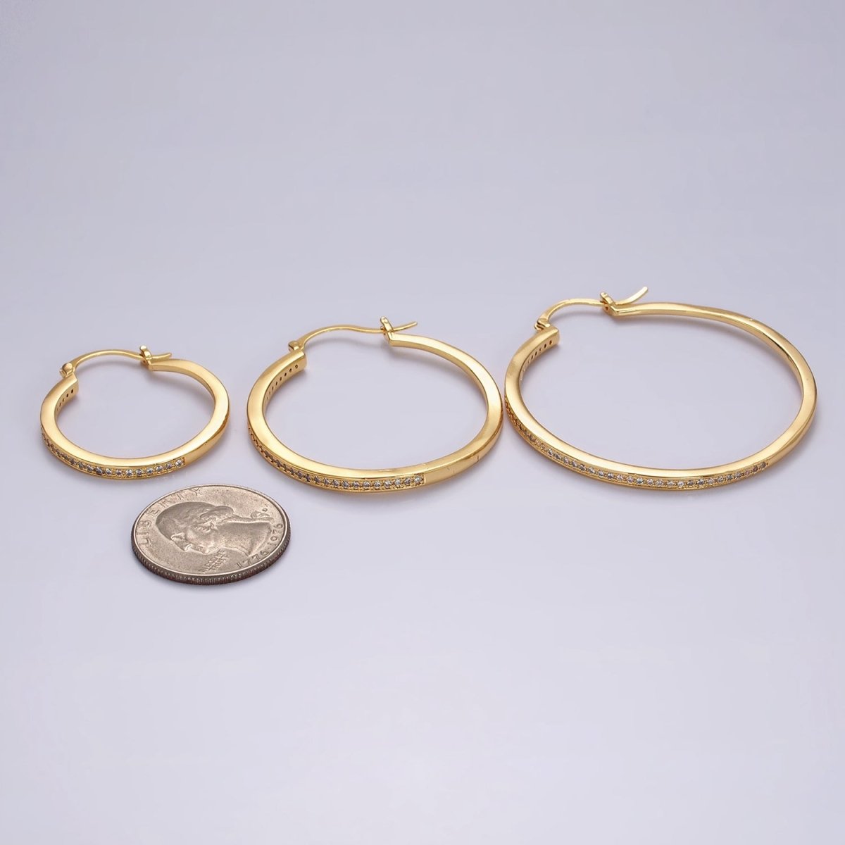 14K Gold plated 30mm, 40mm, 50mm Clear CZ Lined Latch Hoop Earrings in Gold & Silver | AE145 - AE150