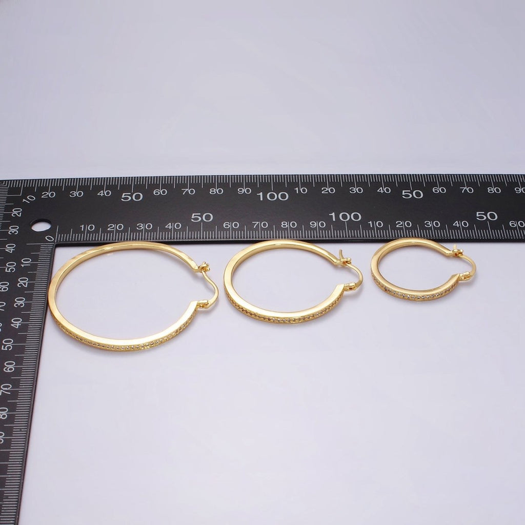 14K Gold plated 30mm, 40mm, 50mm Clear CZ Lined Latch Hoop Earrings in Gold & Silver | AE145 - AE150